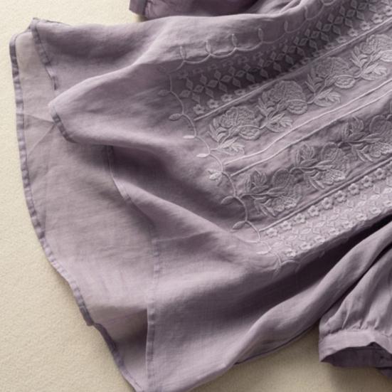 Женская рубашка с круглым вырезом и коротким рукавом, вышитый цветочный узор, топы, однотонная тонкая ретро-блузка, повседневная одежда