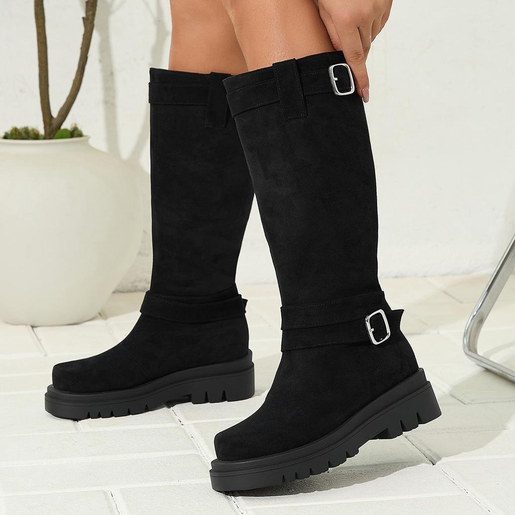 Autumn and Winter Casual Medium Heel Flat Bottom Large Size Versatile Suede Tall Women's Boots