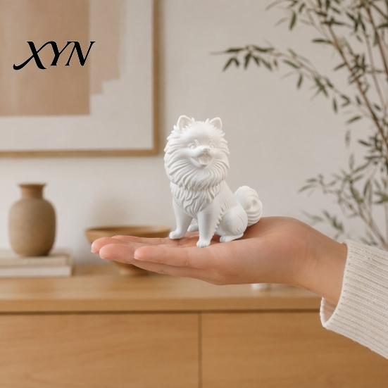Коллекционная фигурка шпица, 3D-печатная милая фигурка собаки, Белый щенок с поворачивающейся головой, Статуэтка, Маленькое настольное украшение для дома, офисного стола,