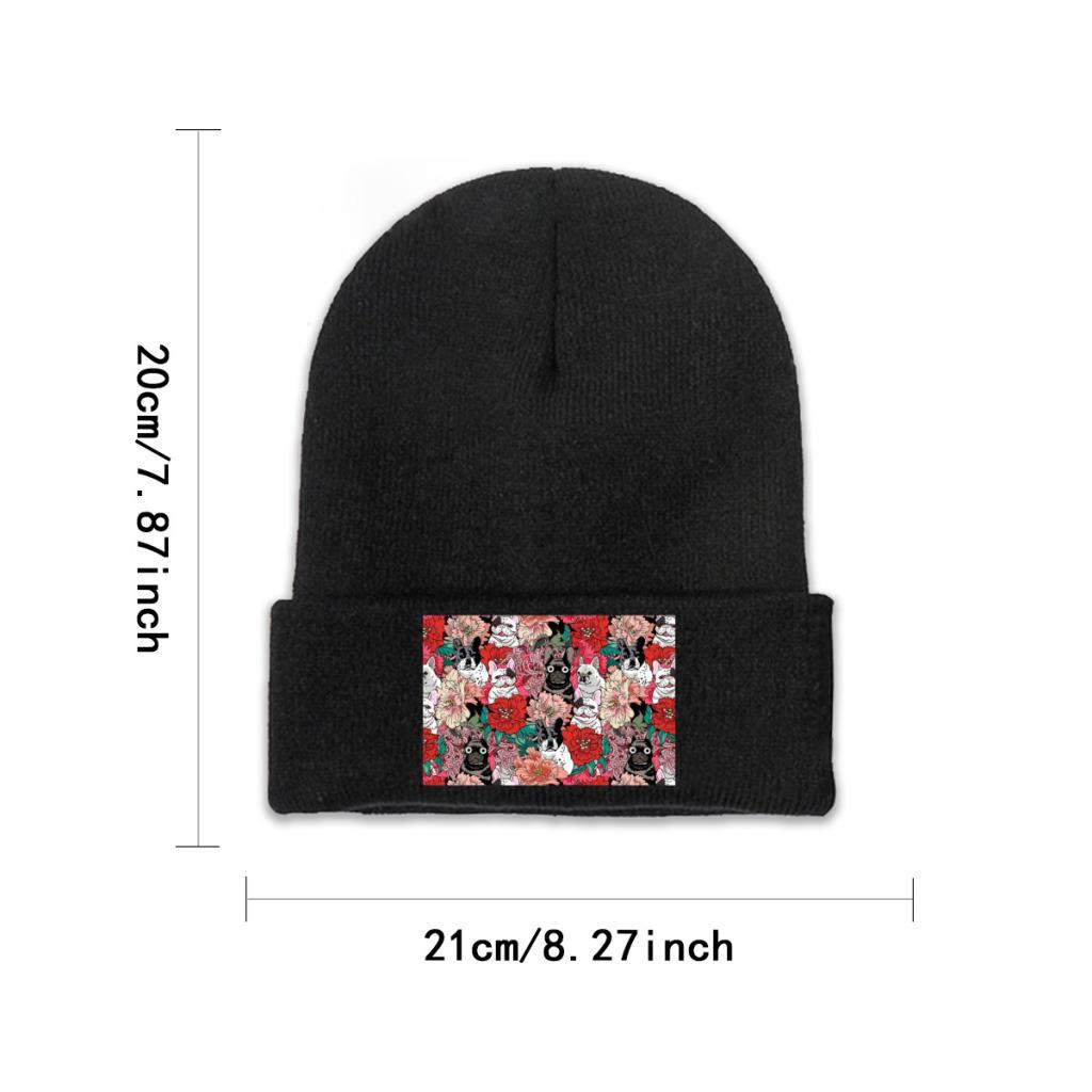 Flowers French Bulldog Knit Hat Beanie Winter Hats Warm Acrylic Street Caps Unisex Women