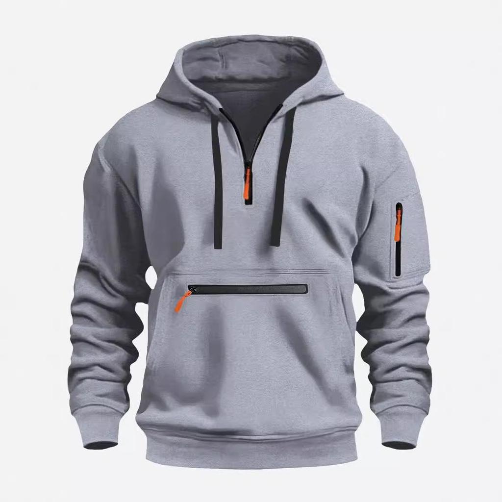 Men's Fleece-Lined Hooded Sweatshirt with Zipper and Multi-Pocket Design for Autumn/Winter Casual Sports Fashion