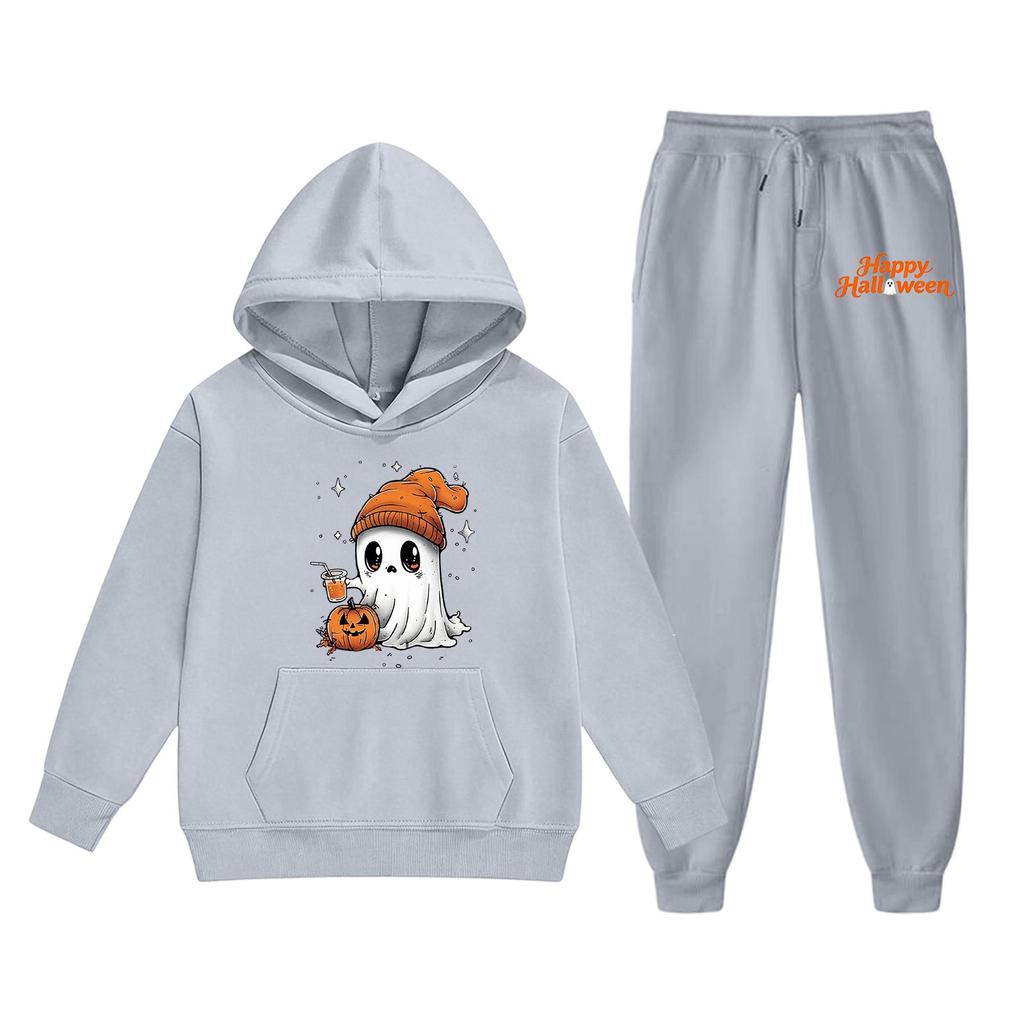 Kids Halloween Hoodie and Sweatpants Set Ghost Pumpkin Print Hooded Sweatshirt and Matching Bottoms Comfortable Fit for Boys and Girls