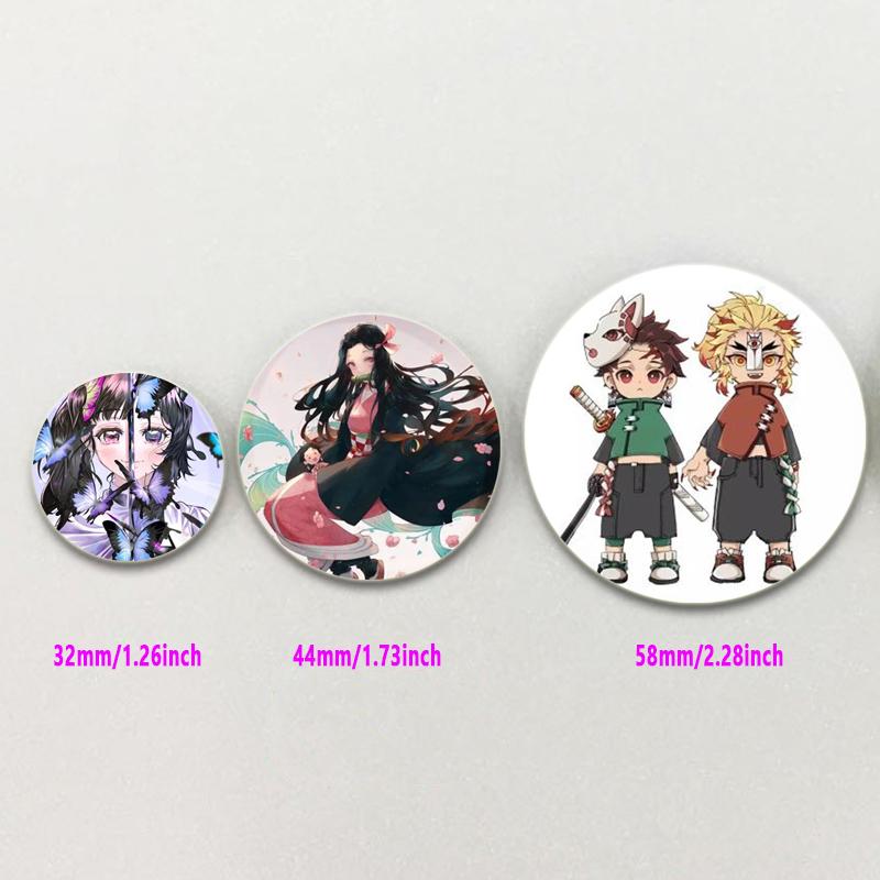 32/44/58mm Round Anime Brooches Kamado Tanjirou Tsuyuri Kanao Hashibira Inosuke Rengoku Kyoujurou Agatsuma Zenitsu Akaza Badge Lapel Pins