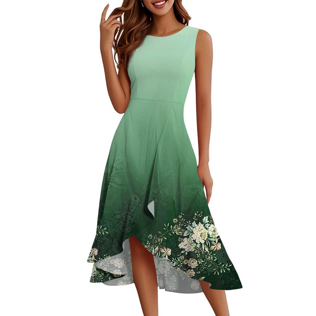 Женские модные повседневные платья без рукавов с круглым вырезом и принтом, элегантные, темпераментные, с оборками