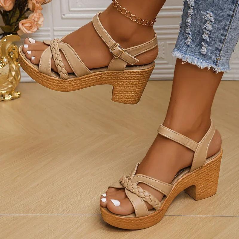 Fashion Summer High Heels Sandals Women 2025 Summer Ankle Buckle Platform Sandals Woman Pu Leather Square Heel Gladiator Sandalias Mujer