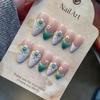 3D Резные Зеленый Миндаль Капля Воды Рыбий Хвост Накладные Ногти - Набор из 24 Штук
