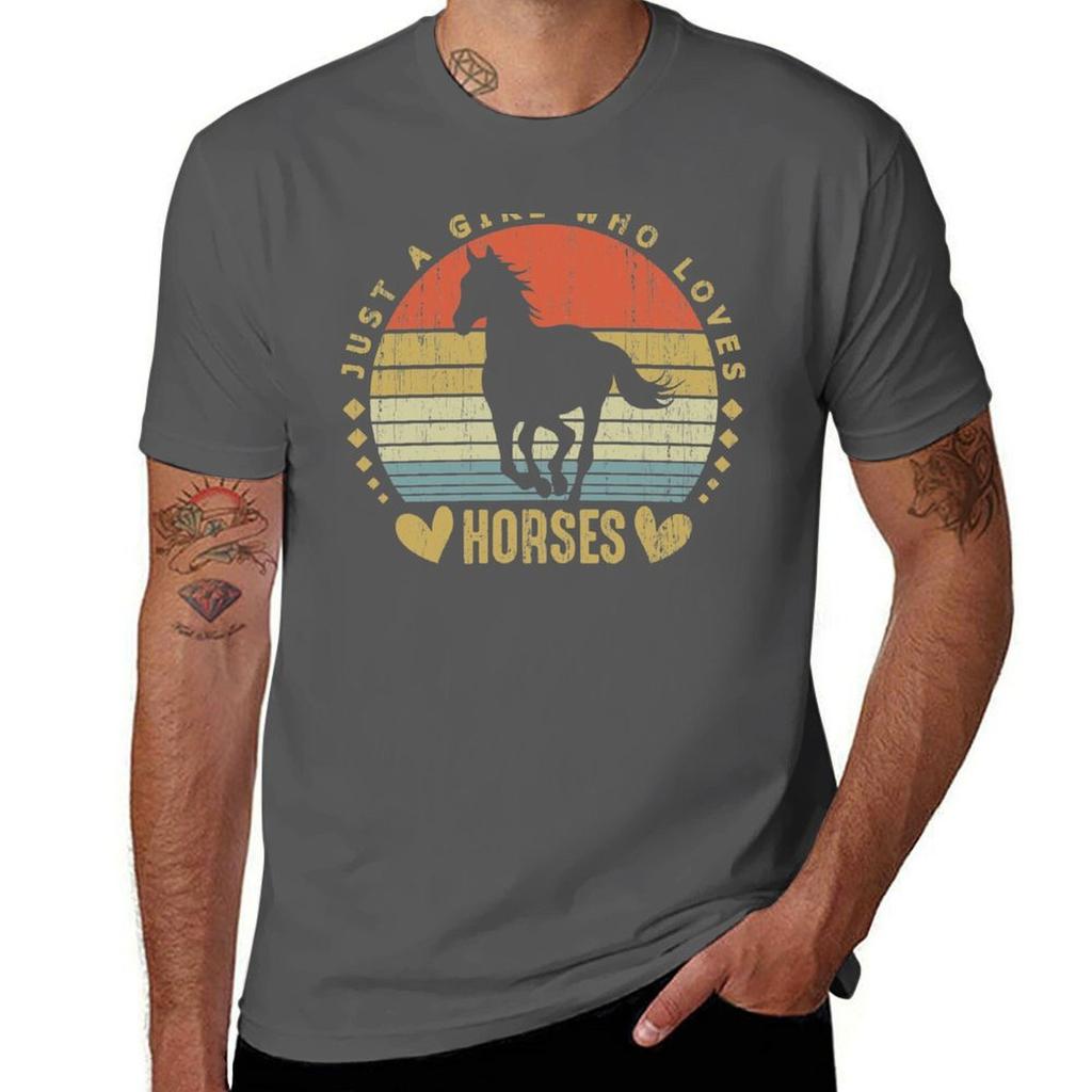 Just a Girl Who Loves Horses Vintage Horses Distressed Gift for Horse Lover TShirt Active Sports Short Sleeve Cotton Shirt