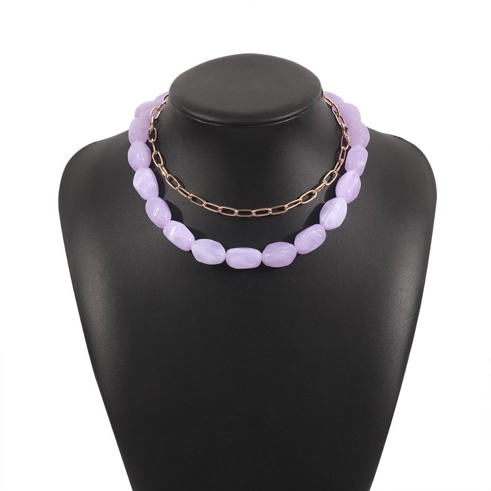 2Pcs/Set Stone Colorful Resin Necklace Multilayer Clavicle Chain Stone Beads Short Choker  Women