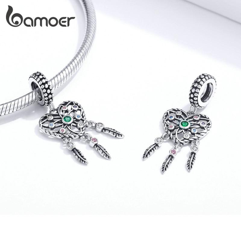 BAMOER Bohemian Style Dream Catcher 925 Sterling Silver Bead for Jewelry Making Feather Tassel Charm