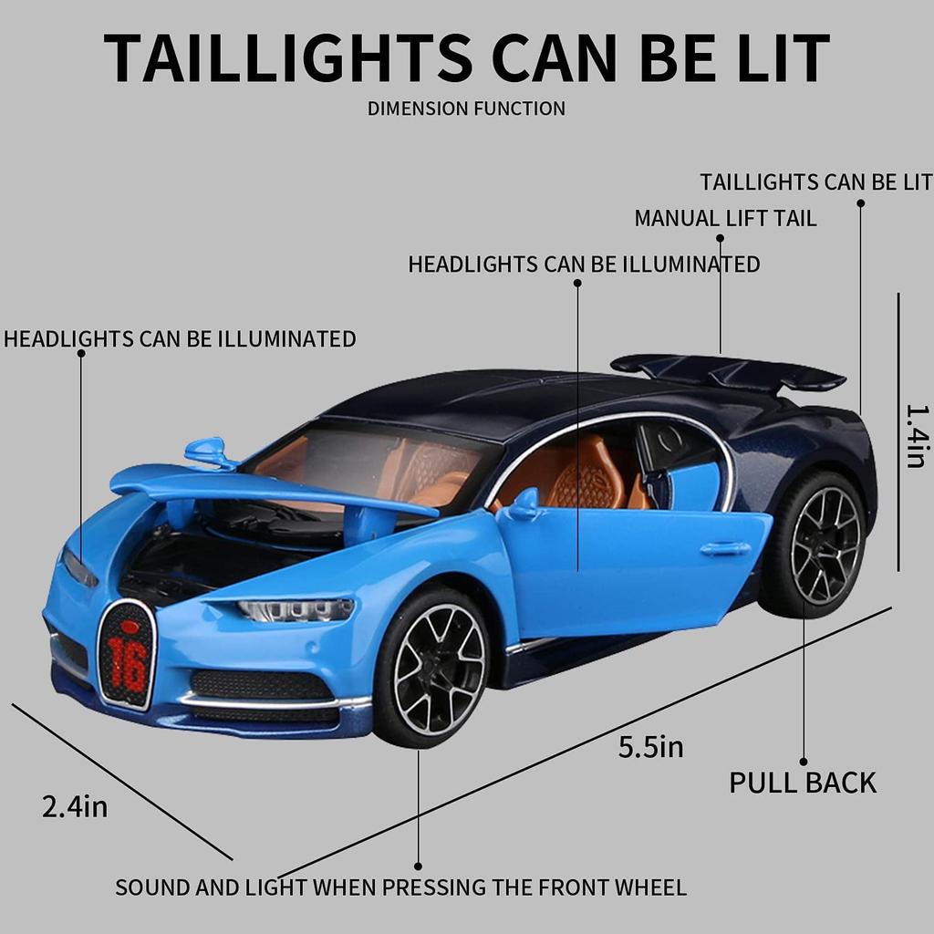 1:32 Scale Bugatti Chiron Diecast Car Model Toy, Zinc Alloy Pull Back Vehicle with Lights And Music for Kids Boyfriend Young People Gift Collection