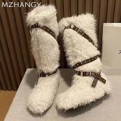 Модные меховые женские сапоги на плоской подошве, высокие зимние дизайнерские сапоги до колена, женские модные теплые короткие плюшевые мотоциклетные сапоги 2025 года
