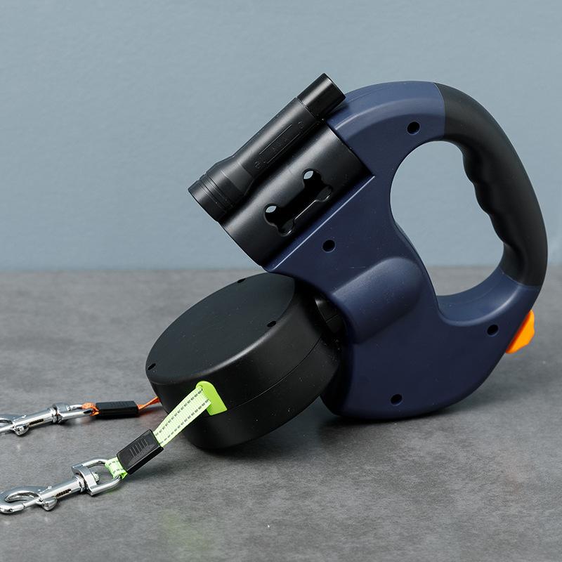 Premium Multi-Functional Dual-Head Retractable Dog Leash Flashlight Reflective 360 Anti-Tangle Solid Adjustable for Two Dogs