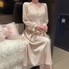 French pajamas women's ice silk spring and autumn sweet and sexy lace nightgown loungewear long over the knee