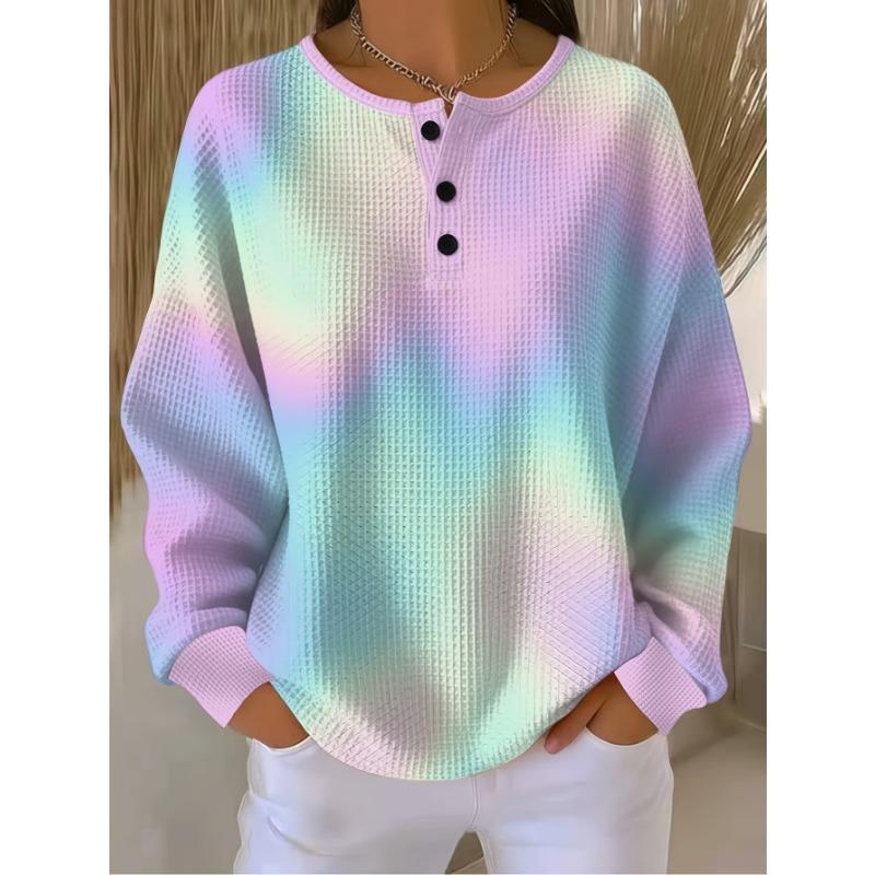 Women'S Waffle Long Sleeve Casual T-Shirt, Gradient Rainbow Tie-Dye Print, Soft Skin-Friendly Breathable Fabric