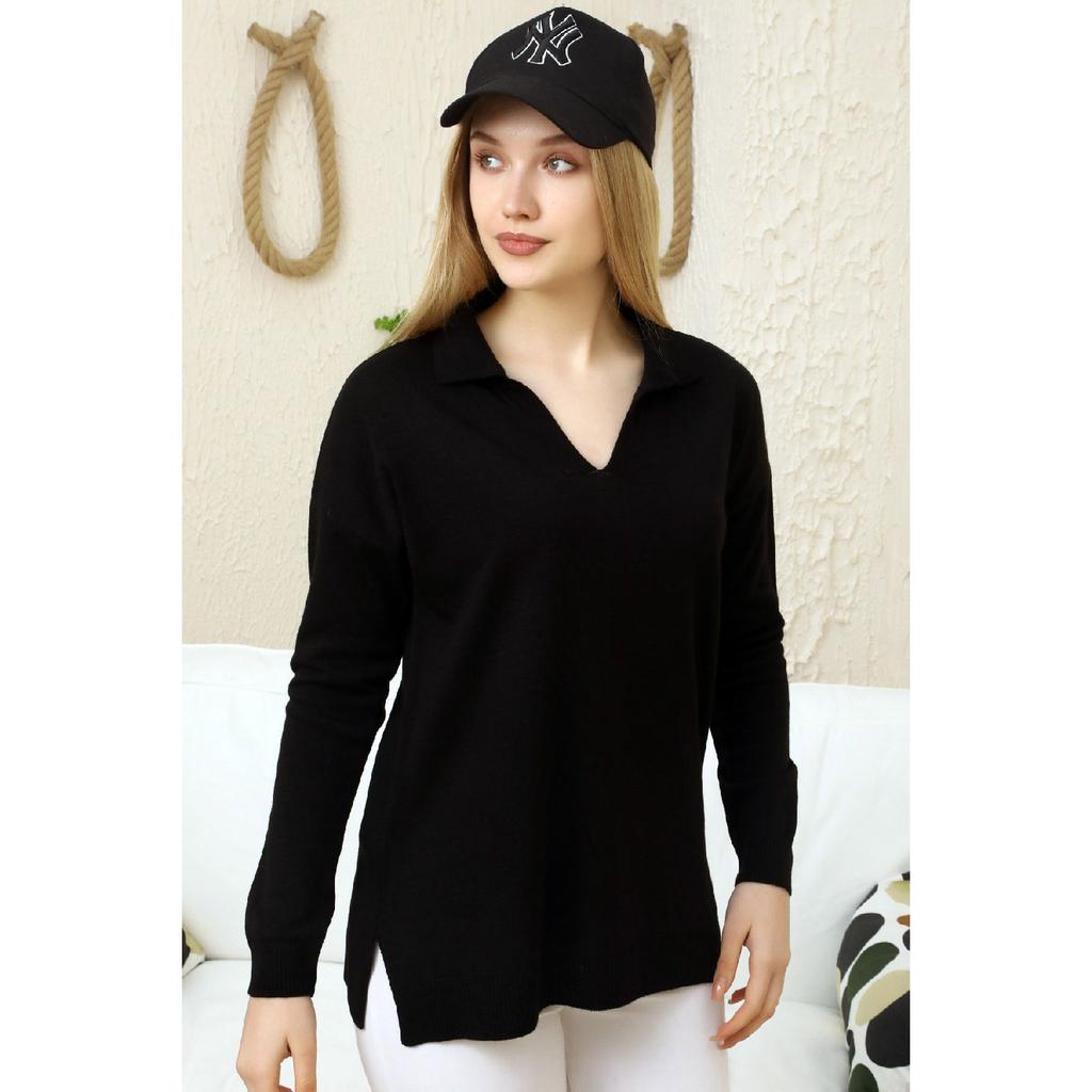 Обычный однотонный сезонный трикотаж с V-образным вырезом поло и длинными рукавами с разрезом