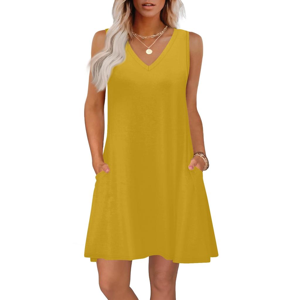Women's Summer Dresses Loose Fit Solid Color V Neck Sleeveless Sundresses Beach Hawaiian Dress With Pockets