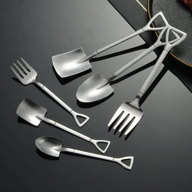 Stainless Steel Square Spade Spade Fork Pointed Shovel Said Dessert Cake Fork Spoon Fruits Kitchen Tableware Set4