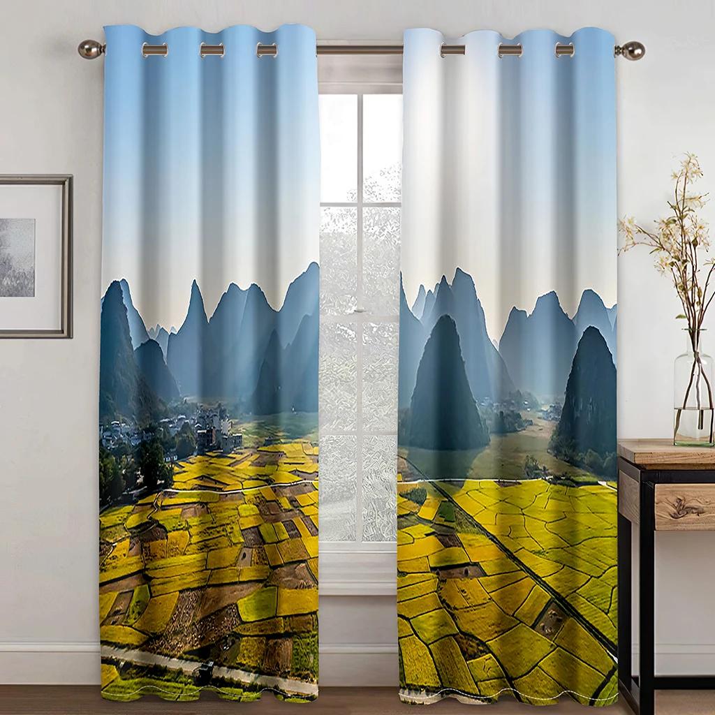 Mountain Plants Natural Scenery Printed High Shading Curtains Bedroom Decorative Curtains with Hook Accessories 2 Panels New