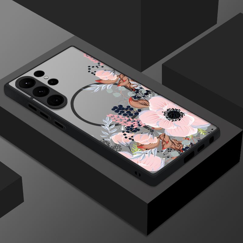 Matte Magnetic Case For Samsung Galaxy S25 S24 S23 Ultra S22 Plus S24 S21 S20 FE For Magsafe Retro Flowers Clear Hard PC Cover