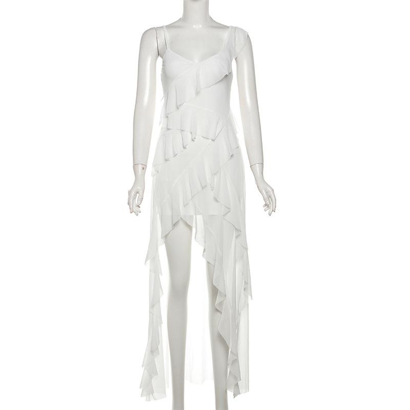 Women's White Ruffled High Low Maxi Dress Sexy V-Neck Spaghetti Strap Backless Bodycon Party Dress