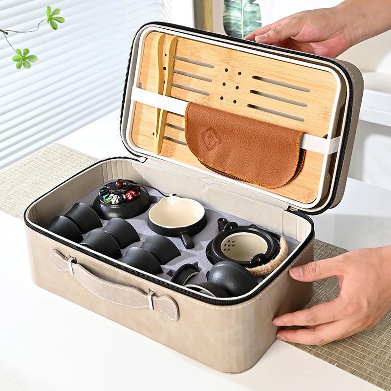 Black pottery beam pot travel tea set Outdoor leather bag storage bag Portable tea tray complete set Company gifts