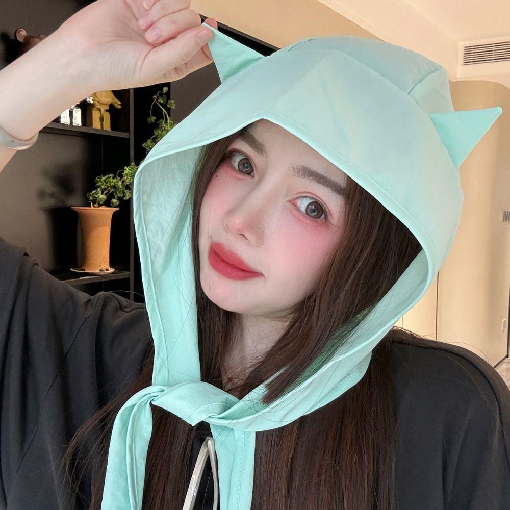 Solid Color Little Devil Horn Headscarf Korean Style Beanie Cap Simple Strap Hat Girl