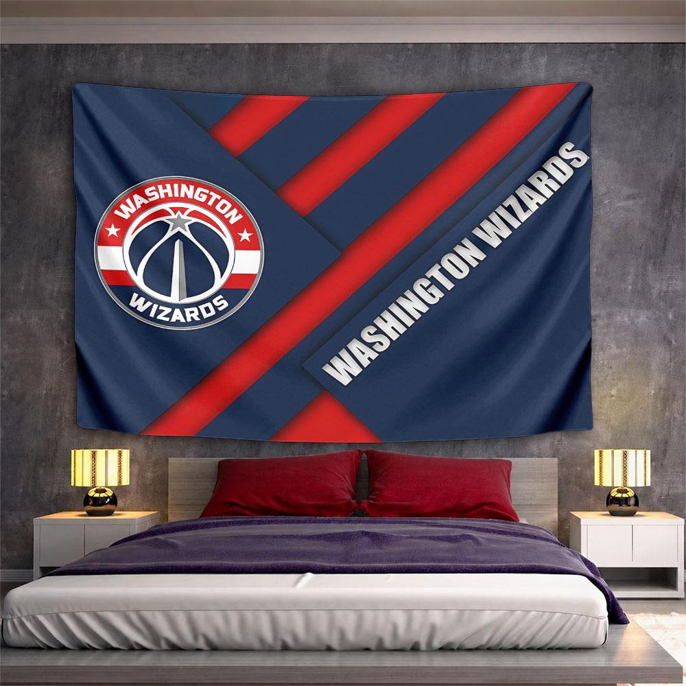 Diagonal blue and red lines with "Washington Wizards" logo and text. Patterned tapestry for bedroom and living room home decor