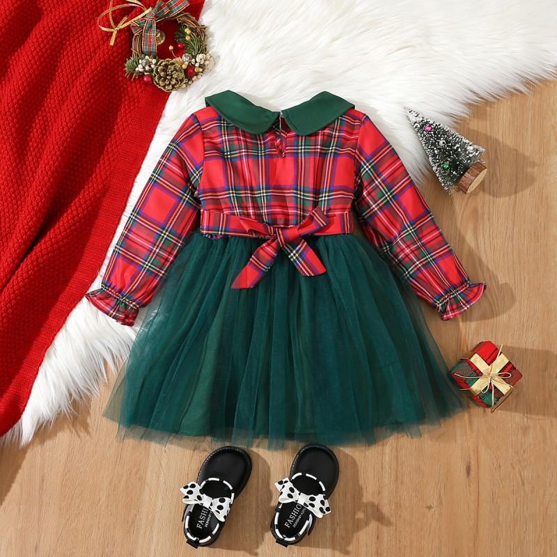Girls Long Sleeve Plaid Dress Princess Style Birthday Party