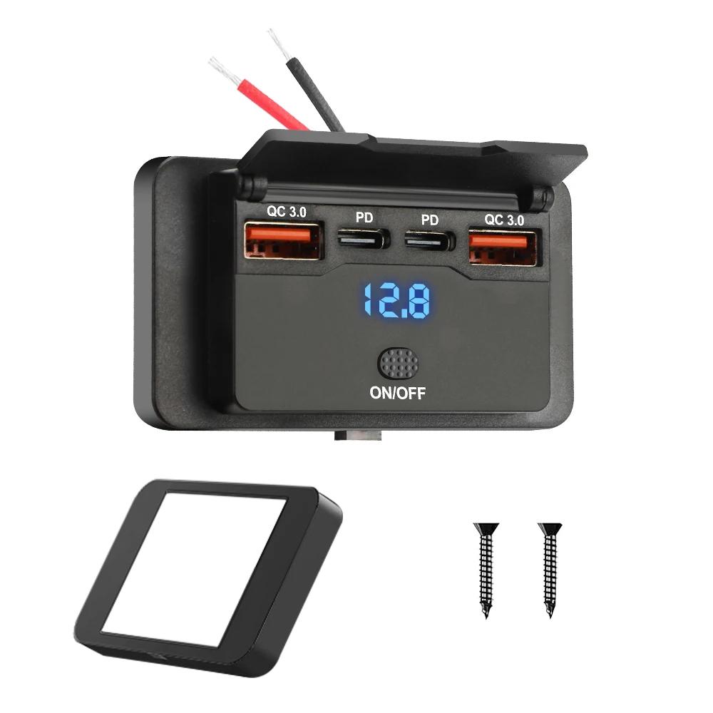 Розетка автомобильного зарядного устройства 12В-24В PD 30Вт и QC 3.0 18Вт USB C с двумя портами, панель гнезда быстрой зарядки с кнопочным переключателем для RV, лодки, автомобиля