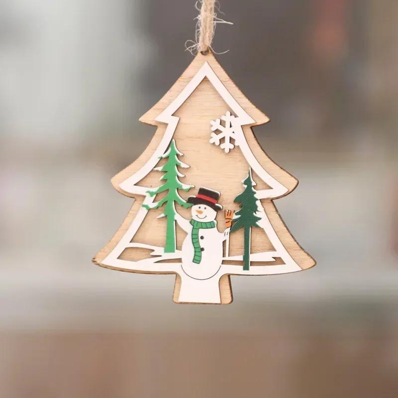 Christmas Decorations Wooden Hollow Out Christmas Tree Pendant Five-pointed Star Bell Snowman Drop Ornament Festival Home Decor