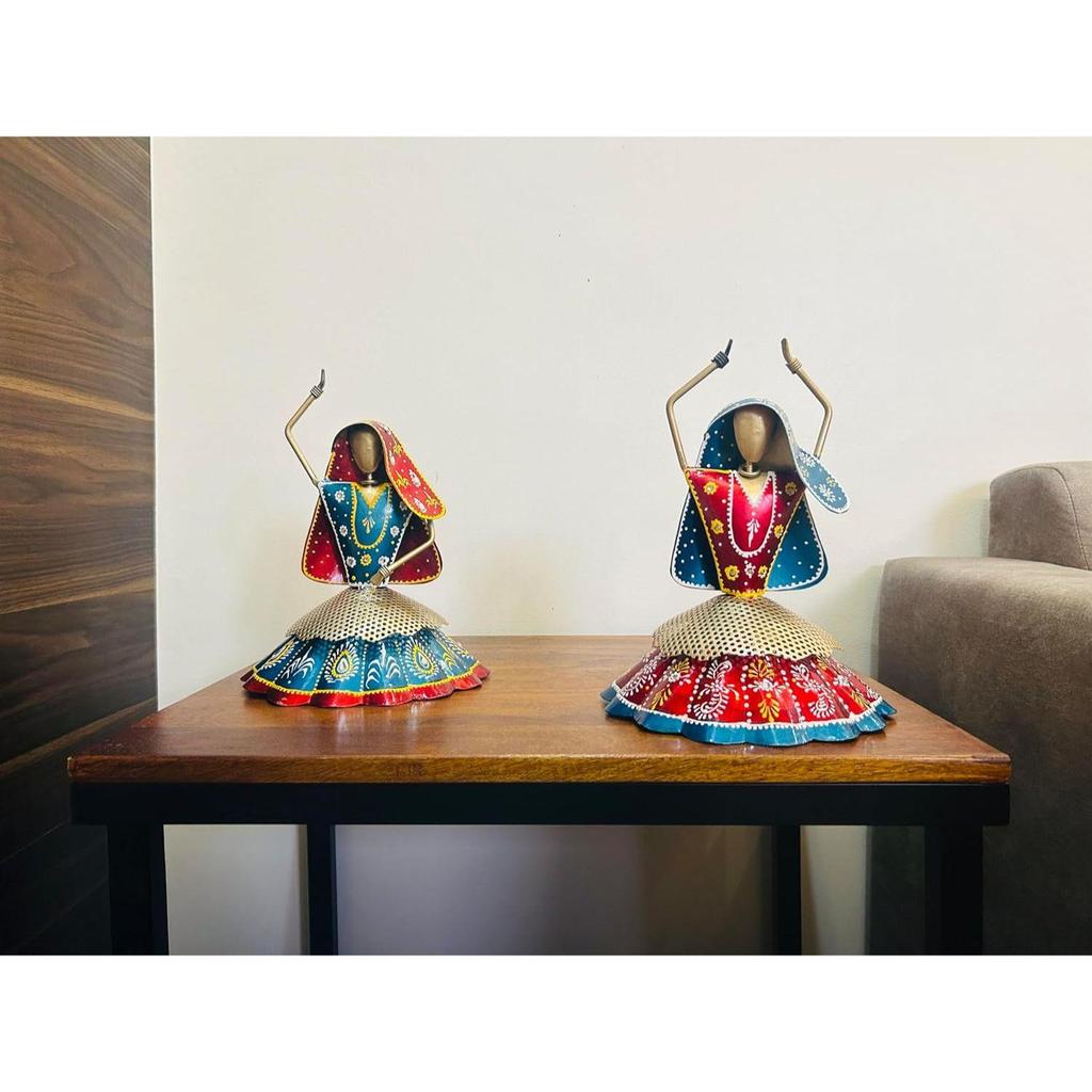 Set of 2 Metal Multicolor Rajasthani Decorative Lady Musician , Table Items for Home,Antique Gift Items, Tv Unit Showpiece (Each Size 9x10 Inch)