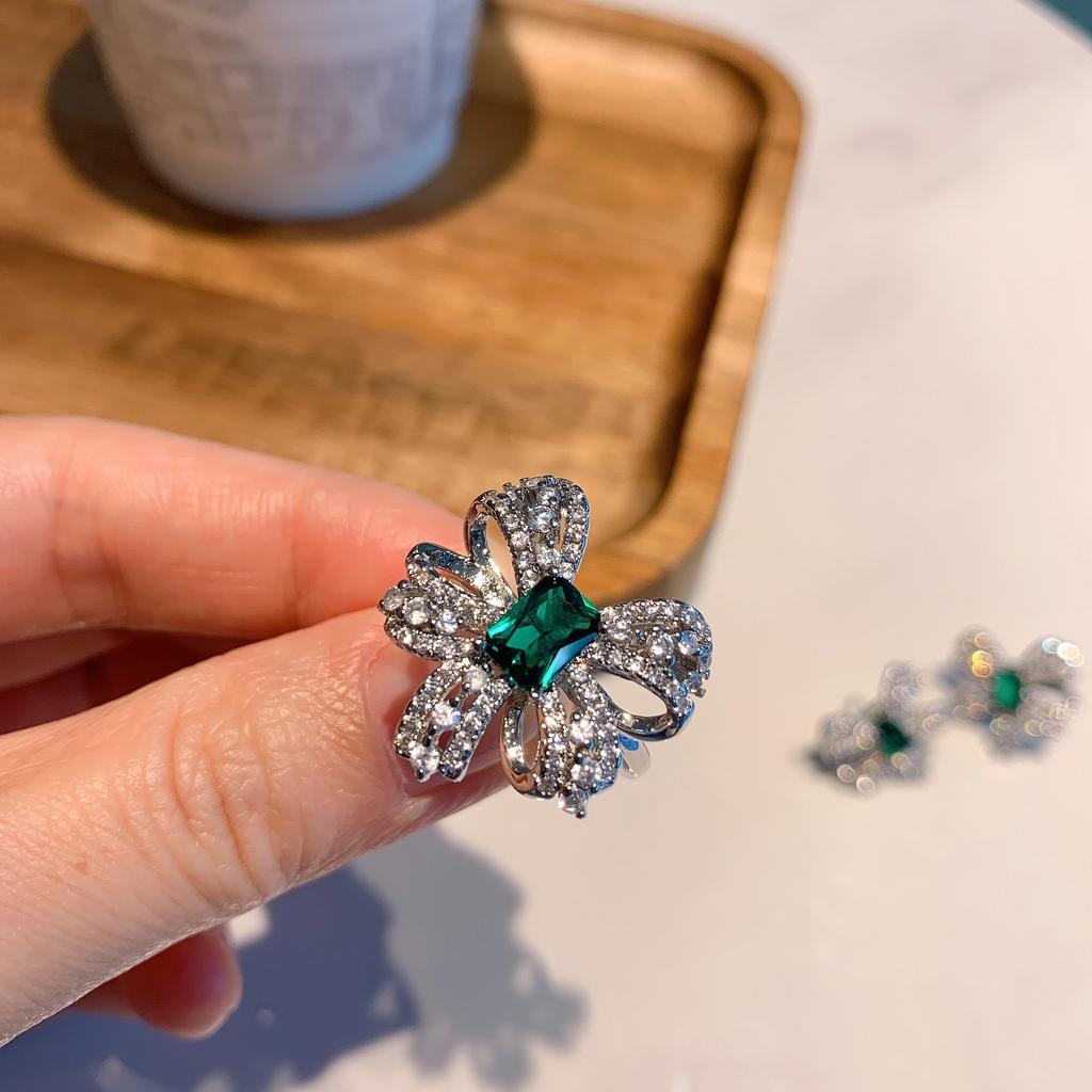 Green Tip Bow Bone Chain Necklace Women, Green Simple Earrings Ring Jewelry Set