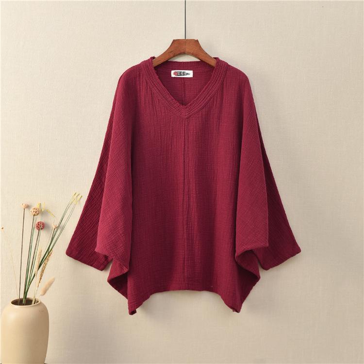2025 Spring/Summer Women's Chinese Retro Slimming V-Neck Cotton/Linen Bat Sleeve T-Shirt