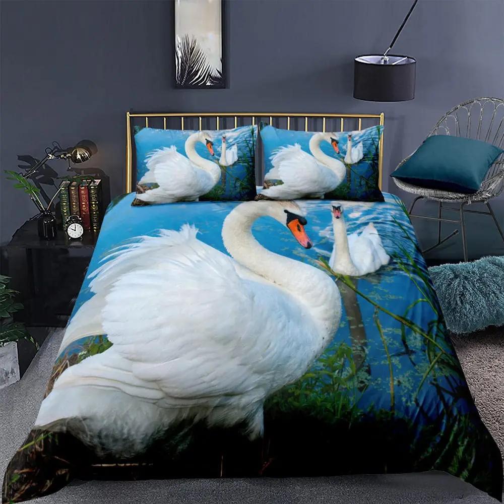 Swan Duvet Cover Set White Swan Lake Comforter Cover Twin Ocean White Swan Polyester Bedding Set For Couple Valentine's Day Gift