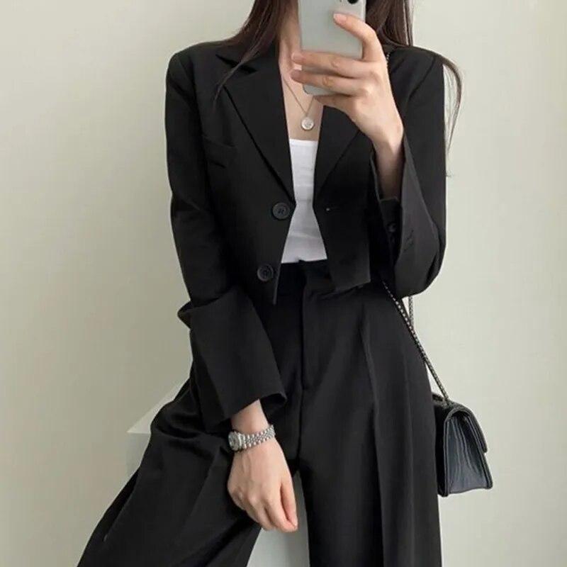 Ladies Short Suit Suit Casual Loose Jacket Coat High Waisted Wide Leg Pants Set