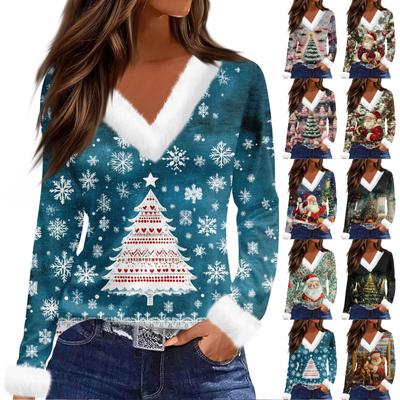 Женский модный повседневный топ с V-образным вырезом и длинными рукавами, рождественским принтом и плюшевым воротником