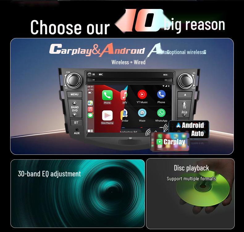 Compatible with 07-12 Toyota RAV4: Navigation Console with Wireless CarPlay, Bluetooth, and DVD Player.