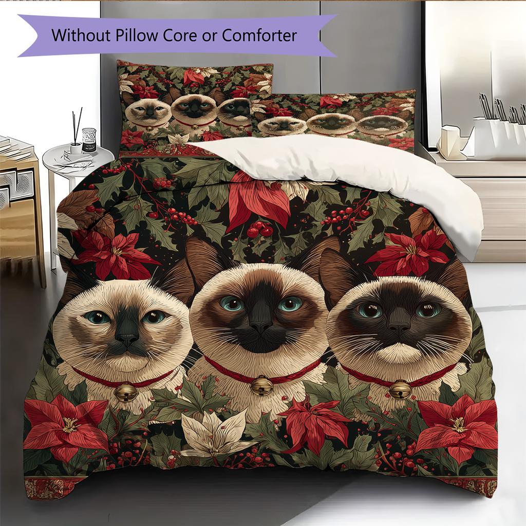 Three Bell-adorned Cats and Dogs Pattern Bedding Quilt Set Home Decoration Gift (1 * duvet cover + 2 * pillowcase, without core)
