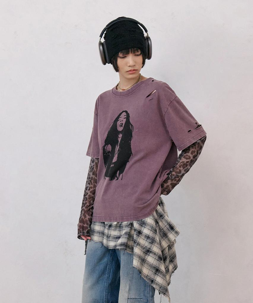 NO EXTRA TOUCH Distressed Leopard Mesh Long Sleeve Layered T-Shirt (Purple) / 26Spts001Pu