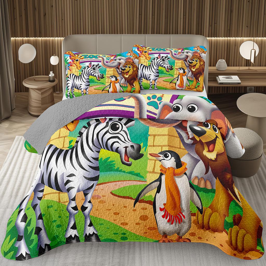 Funny Cartoon Animal Bedspread Queen/Full Kawaii Elephant Panda Coverlet Reversible Grey Quilted Bedding Set For Kids Teen Room