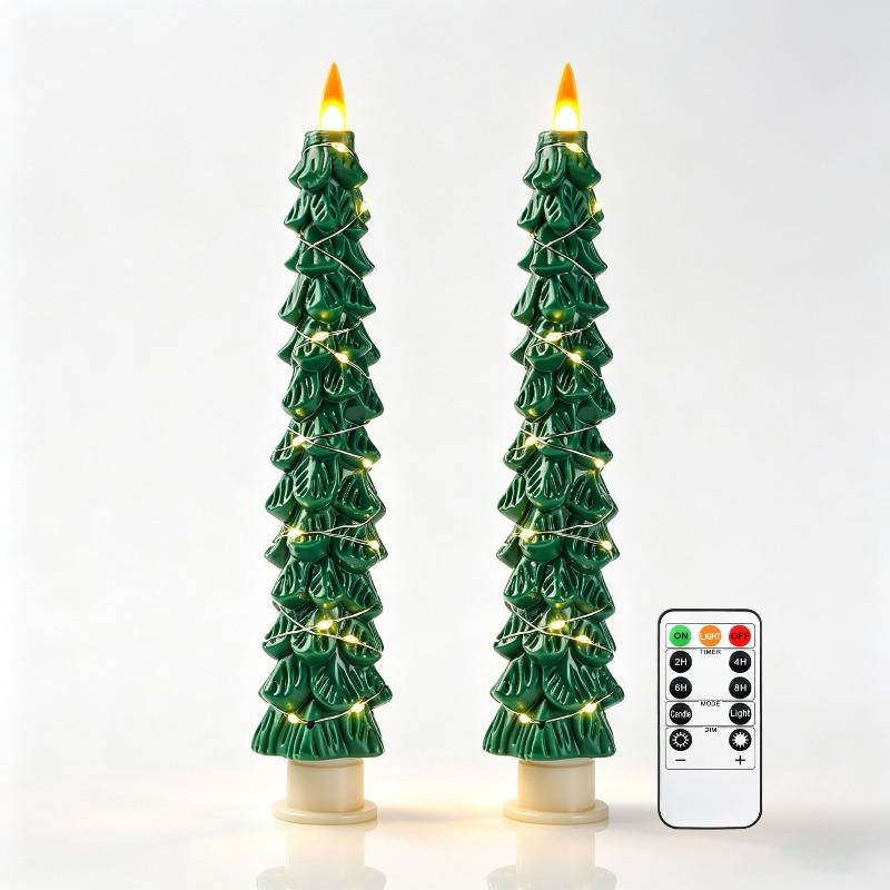 Pack of 2 Christmas Tree LED Taper Candles, Flameless Candles, Realistic Flame Effect, Battery Operated with Remote Control for Christmas Decoration