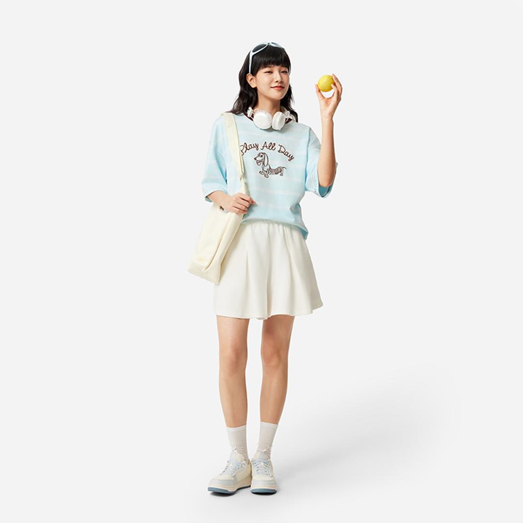 Li Ning X Disney История игрушек Полосатый принт Винтажный Повседневный Удобный Дышащий Футболка с круглым вырезом и коротким рукавом Женские топы AHSV182-3