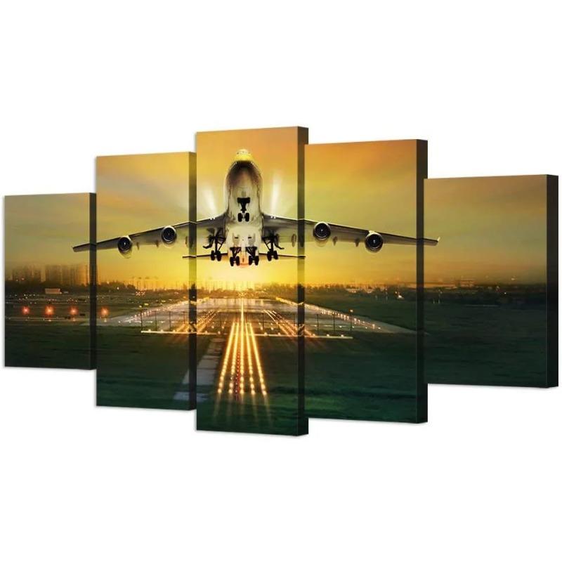 Commercial Airplane Take Off Airport Night Landscape Canvas 5 Pcs Wall Art Posters Pictures Paintings for Living Room Home Decor