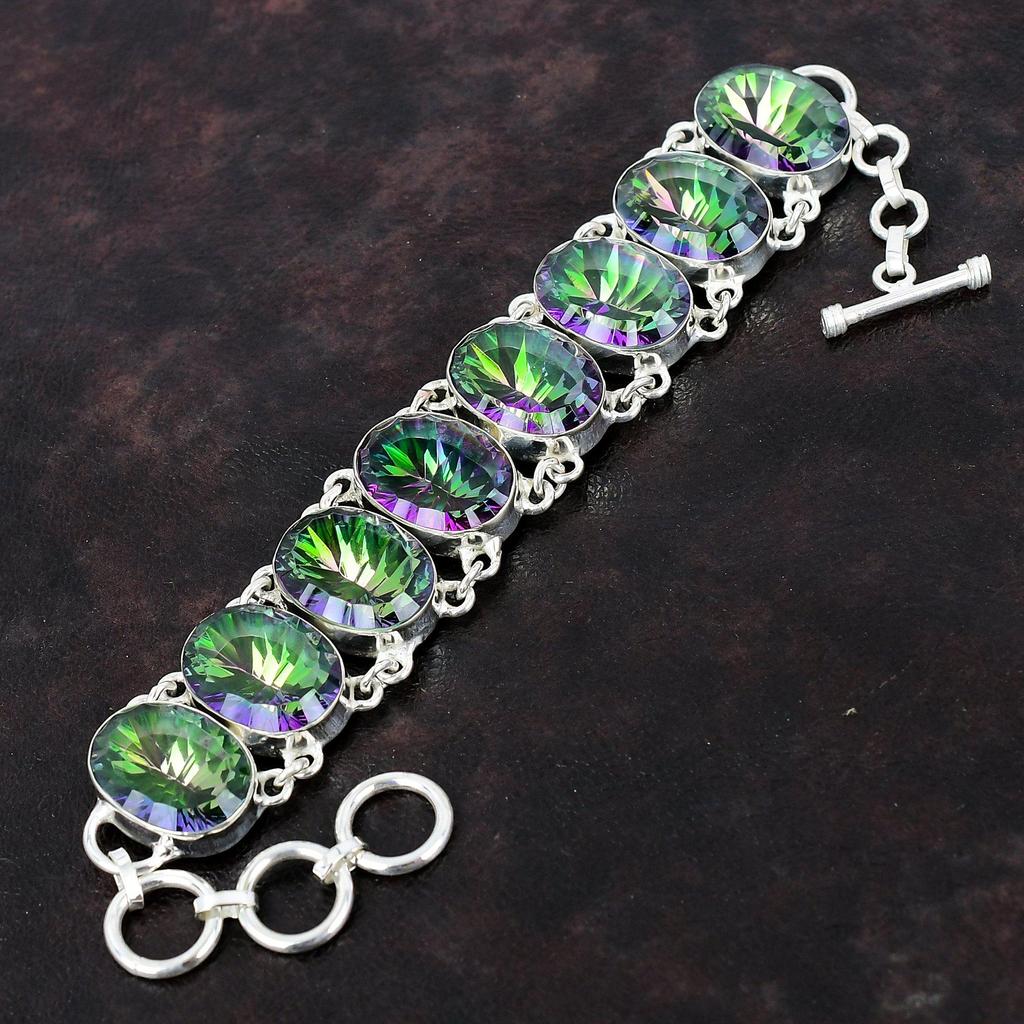 Браслет с граненым радужным мистическим топазом, браслет из стерлингового серебра 925 пробы, регулируемый браслет-цепочка, браслет ручной работы из натурального драгоценного камня, подарок для него