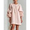 2026 Womens French 3D Flower Button Lantern Sleeve Dress Solid Color Fashion