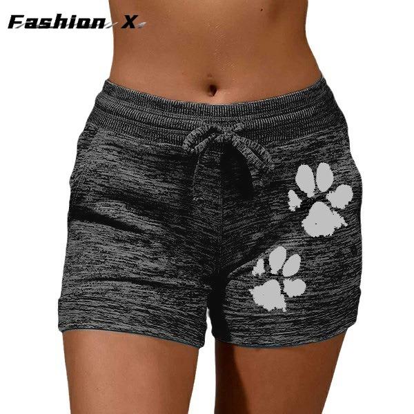 Women's Shorts High Waist Cat Paw Printed Drawstring Sport Shorts