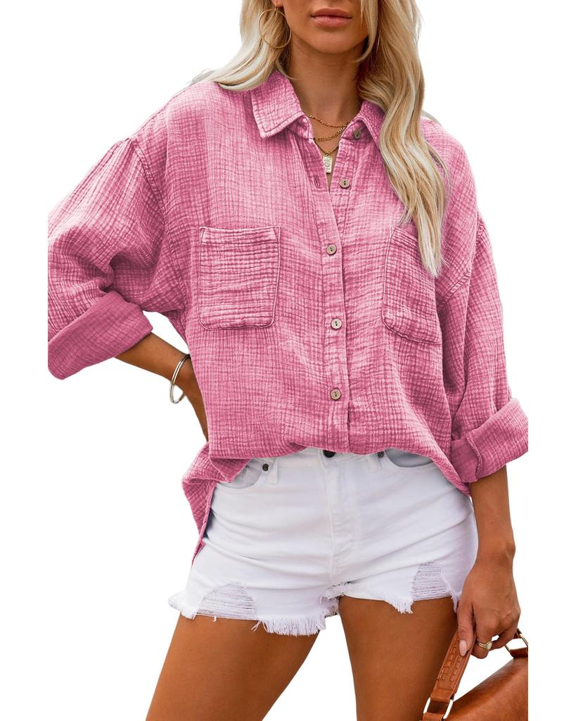 Azura Exchange Pink Mineral Wash Crinkle Textured Chest Pockets Shirt