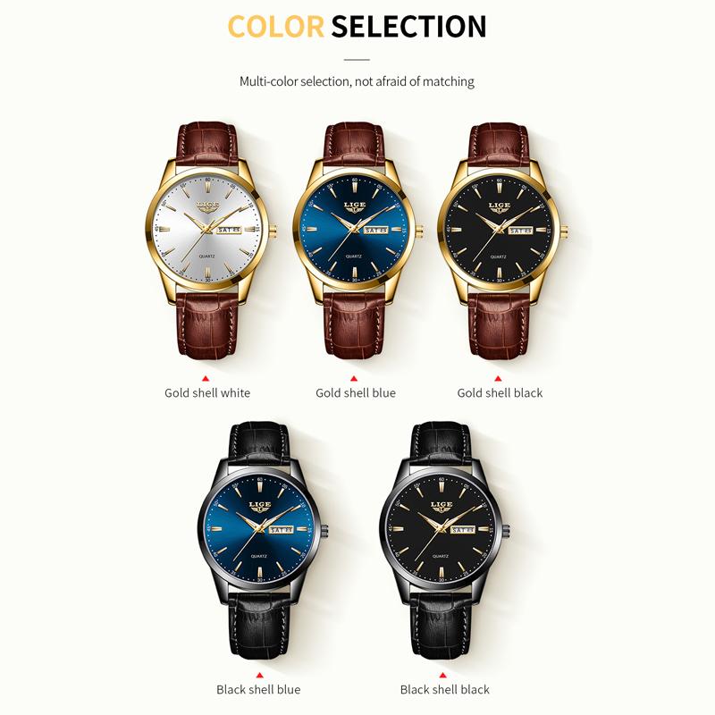 LIGE Лучший бренд, мужские кожаные деловые часы с датой, водонепроницаемые светящиеся часы, мужские роскошные спортивные водонепроницаемые кварцевые наручные часы