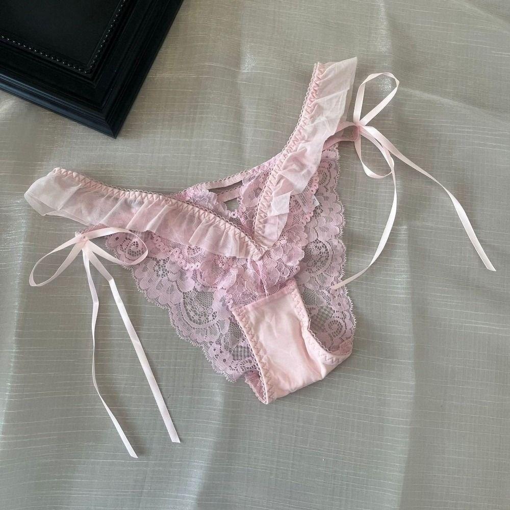 Bow Ribbon Lace Flower Transparent Briefs Mesh Female Lingerie Ruffle Floral Bowknot Panties Girl