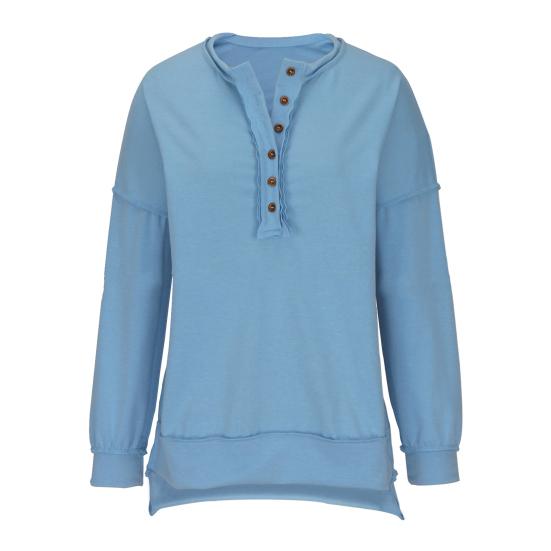 Женская толстовка с пуговицами, круглым вырезом, длинными рукавами, эластичными манжетами, свободная однотонная, неровный подол, пуловер, повседневный спортивный топ